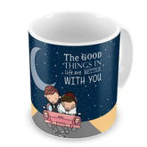 Newly Weds Happy Married Couple On a Ride Blue Coffee Mug